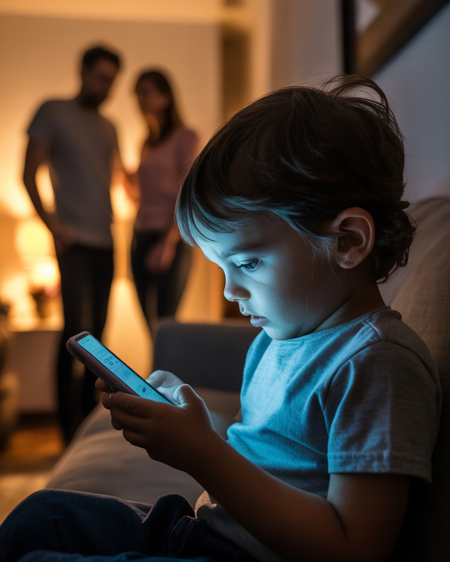 Criança iluminada pela luz azul do celular